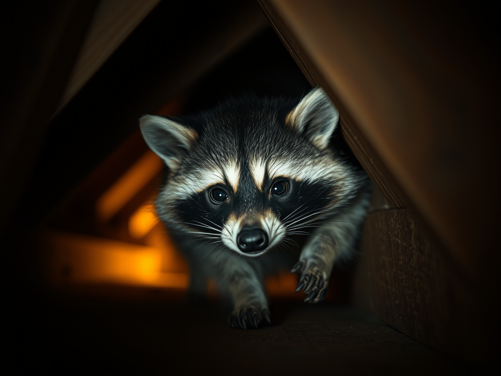 Image of a raccoon in an attic running towards the camera